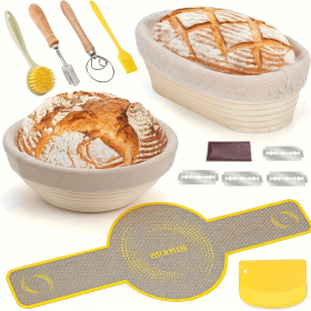 Bread proofing basket set, 9.06-inch round + 9.84-inch oval proofing bowls, yogurt bread making tool kit including kneading stick, scraper