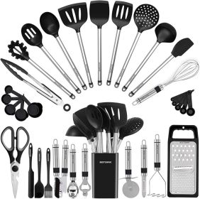 Kitchen Utensil Set-Silicone Cooking Utensils-33 Kitchen Gadgets & Spoons for Nonstick Cookware-Silicone and Stainless Steel Spatula Set-Best Kit