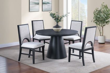Dining Table And 4x Side Chairs White Finish Fabric Black Round Table w Cone Base Cutout Back Chair 5pc Dining Set