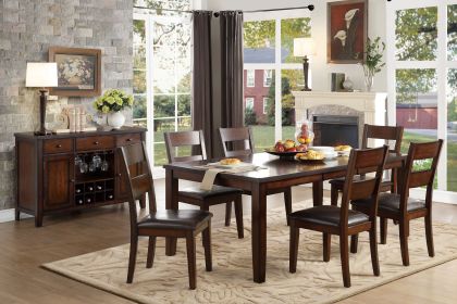 Cherry Finish Classic 7pc Dining Set Wooden Table Draw Leaf and 6 Side Chairs Faux Leather Upholstered Durable Furniture Transitional Style Ladde