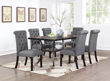 Classic Dining Room Furniture Natural Wooden Rectangle Top Dining Table 6x Side Chairs Charcoal Fabric Tufted Toll Back Top Back Chair and Storag