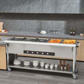 5-Pan Commercial Food Warmer, 5 X 20.6QT Electric Steam Table, 3750W Professional Buffet Catering Food Warmer With 4 Wheels (2 Lockable), Food Gr (Option: silver)